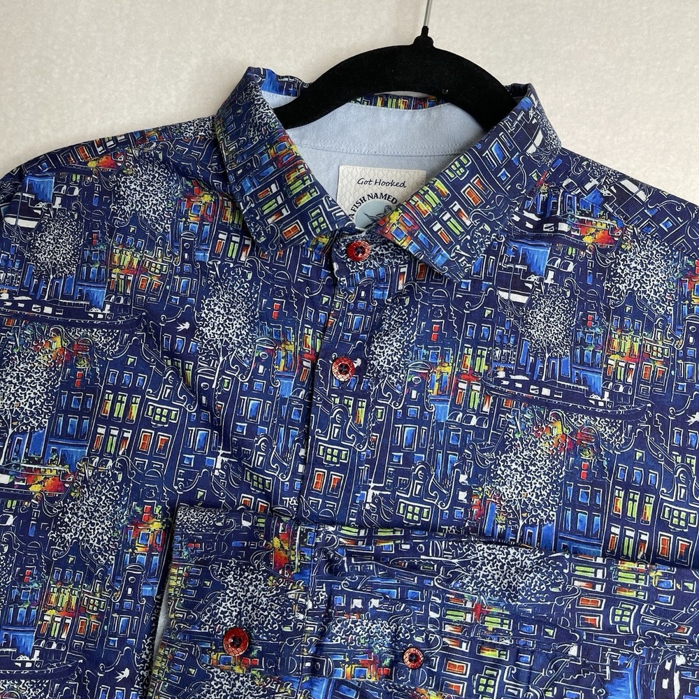 A Fish Named Fred Button Up Shirt Stretch Men's Sz M Colorful Buildings AOP